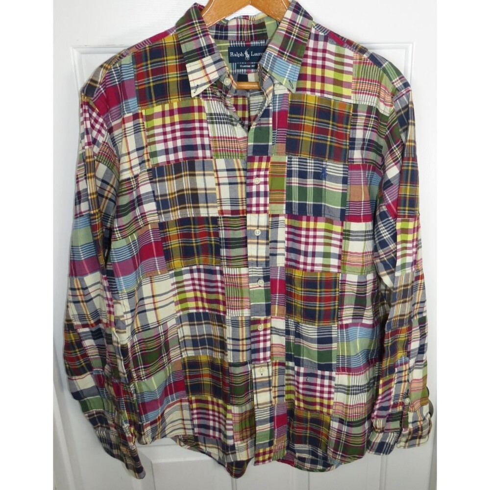 Vintage Polo Ralph Lauren Madras Patchwork Classic Fit Button Down Shirt XL Flaw